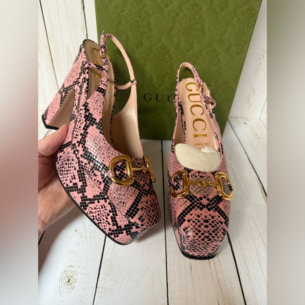 Gucci Calfskin Python Horsebit Platform Slingback… - image 6